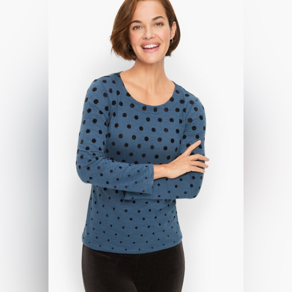 Talbots Blue Polka Dot Long Sleeve Tee XL Soft‎ Cotton Classic Top